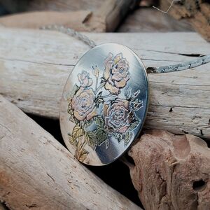 Reed & Barton Silver Tone Damascene Floral Pendant Necklace. 1970's